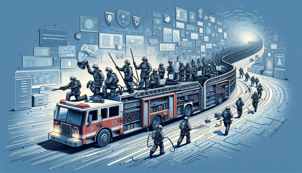 DALL·E 2024-01-18 07.56.17 - An imaginative illustration in a thin horizontal format, showcasing the analogy of traditional emergency response with a focus on computer security. T