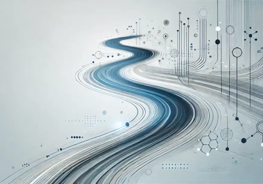 DALL·E 2024-11-02 22.25.32 - A clean, thin, and horizontally oriented abstract graphic representing a river, symbolizing the flow of information, connectivity, and transformation